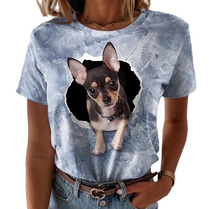 Sommar 3D-tryckt Katt Hund Kortärmad T-shirt Casual Lös Rund Hals Dammode Topp T-shirts Dam