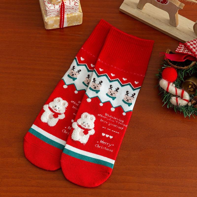 Female Cartoon Reindeer Santa Claus Mid-calf Stockings for Both Men and Women, Straight Long Stockings