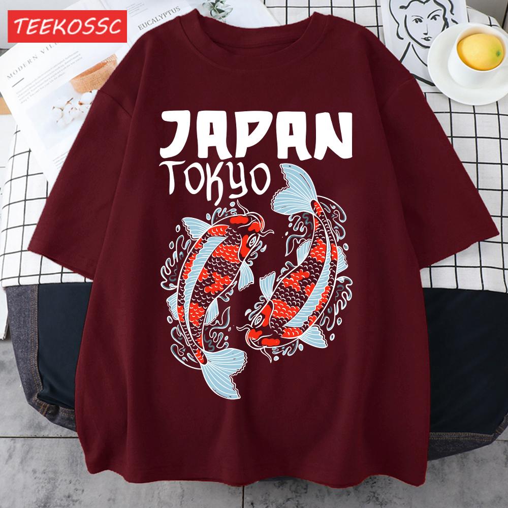 Harajuku Japan Tokyo Koi Print Man TShirt Summer New Loose Short Sleeve ONeck Cotton T Shirts Trendy Unisex AllMatch Clothes