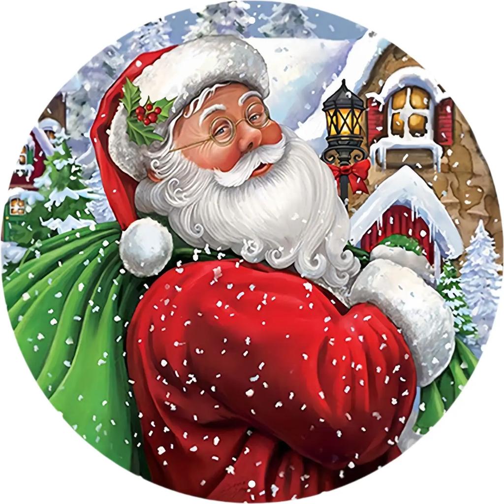 Round Metal Tin Sign Art Painting Wreath Decorative Plates Cartoon Snowman Christmas Poster for Home Garden Garage Wall Decor