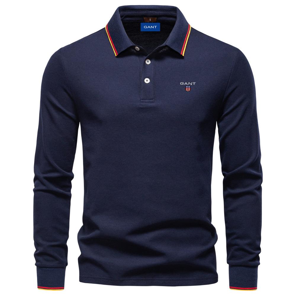 Gant Polo à manches longues pour homme, broderie automne 2025, haut pour homme de couleur unie avec revers, polo polyvalent pour homme