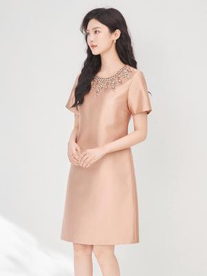 Light Luxury Elegant Studded Round Neck Evening Dress for Women - Summer Style