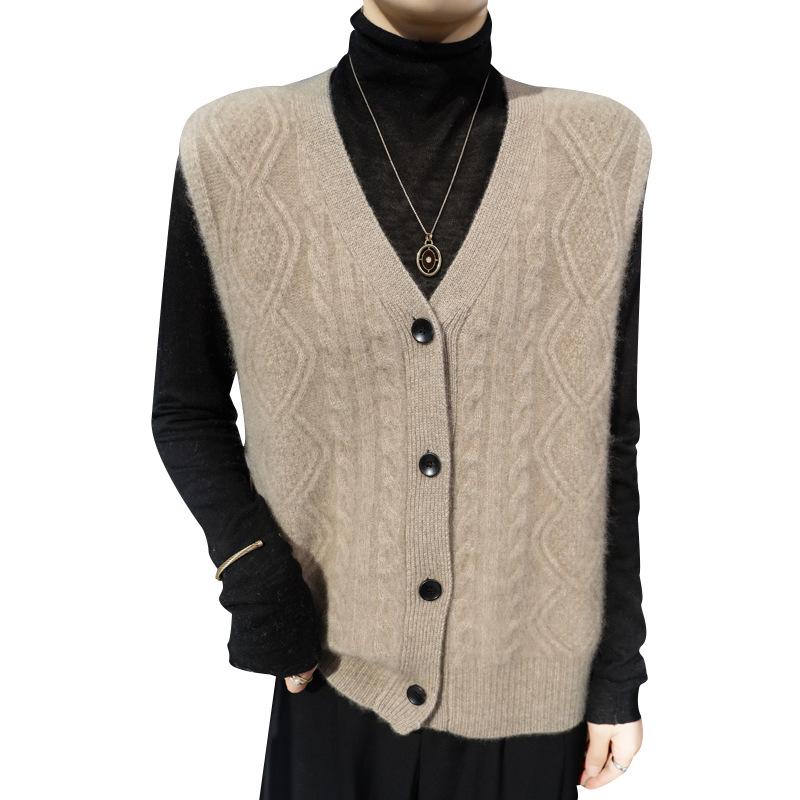 Dámská vlněná kardiganová vesta s výstřihem do V - Vrstvený pletený bezrukávý svrchní oděv s ramenními vycpávkami na podzim/zimu
