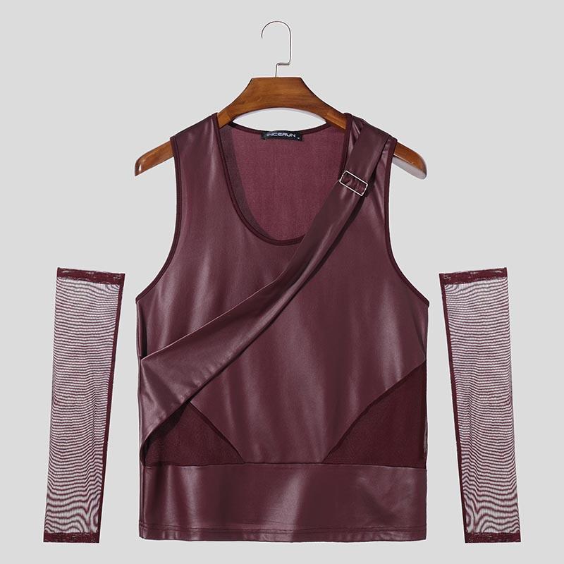 INCERUN Männer Glatte Ärmellose Patchwork Mesh Sheer Oversleeve Casual Tank Tops