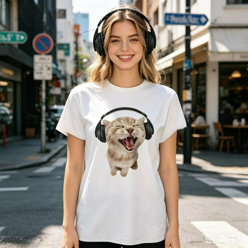 Unisex Streetwear Tshirt Cat Headphones Print Funny Music Cat Graphic Cute Casual Street Tee