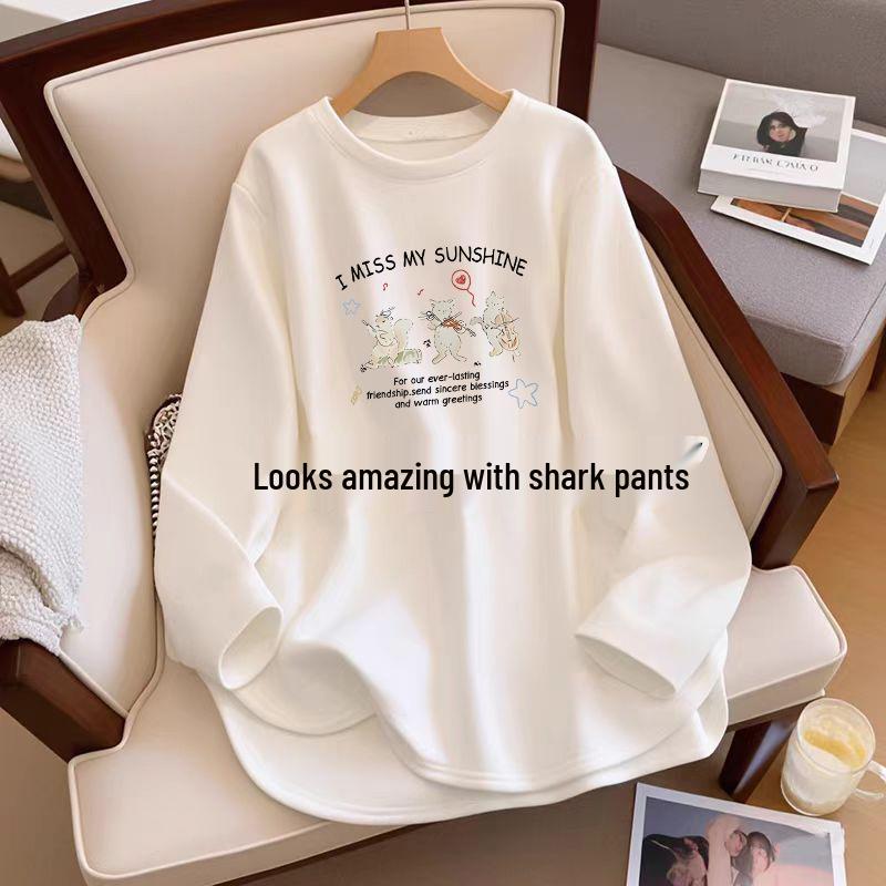 Korean-Style Round Neck Long Sleeve Women s T-shirt with Slit Hem XXL