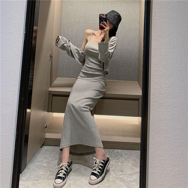 Elegant Long-Sleeved Autumn Two-Piece: Waist-Slimming, Figure-Flattering Dress