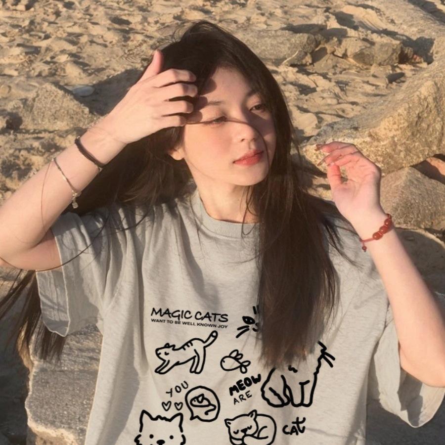 Fat mm summer loose t-shirt women's gray thin large size catty short sleeve niche front shoulder crew neck top design sense
