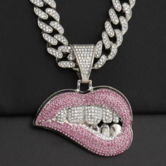 Hip Hop Cuban Link Chain Necklace, Crooked Lip Pendant with Rhinestone, Silver Plated Iced Out Choker Jewelry for Men and Women, Trendy Streetwear