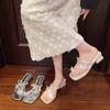 Women's Slip on Slippers 2025 Summer New Square Toe Rhinestone Chunky Sandals Butterfly Luxury Elegant Medium Heel Shoes