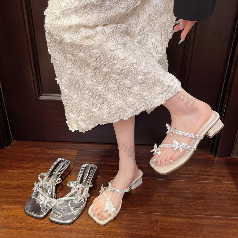 Women's Slip on Slippers 2025 Summer New Square Toe Rhinestone Chunky Sandals Butterfly Luxury Elegant Medium Heel Shoes