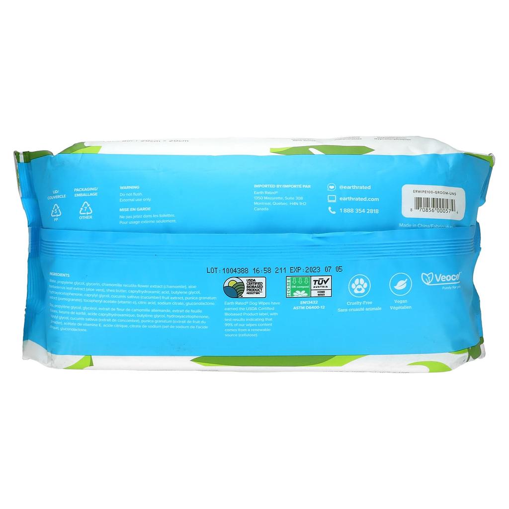 Earth Rated Chusteczki nawilżane dla psa, bezzapachowe, 100 sztuk