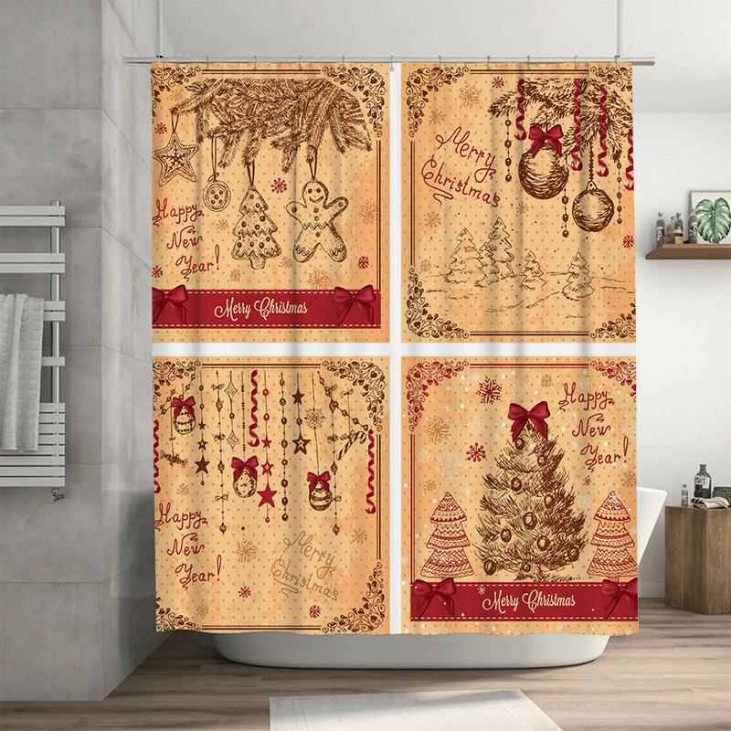 

Tu Christmas Shower Curtain Vintage Merry Xmas Holiday Decor Festive Bathroom Fabric Backdrop Holiday Home Decor Style W60H190(CM)-1 Pcs