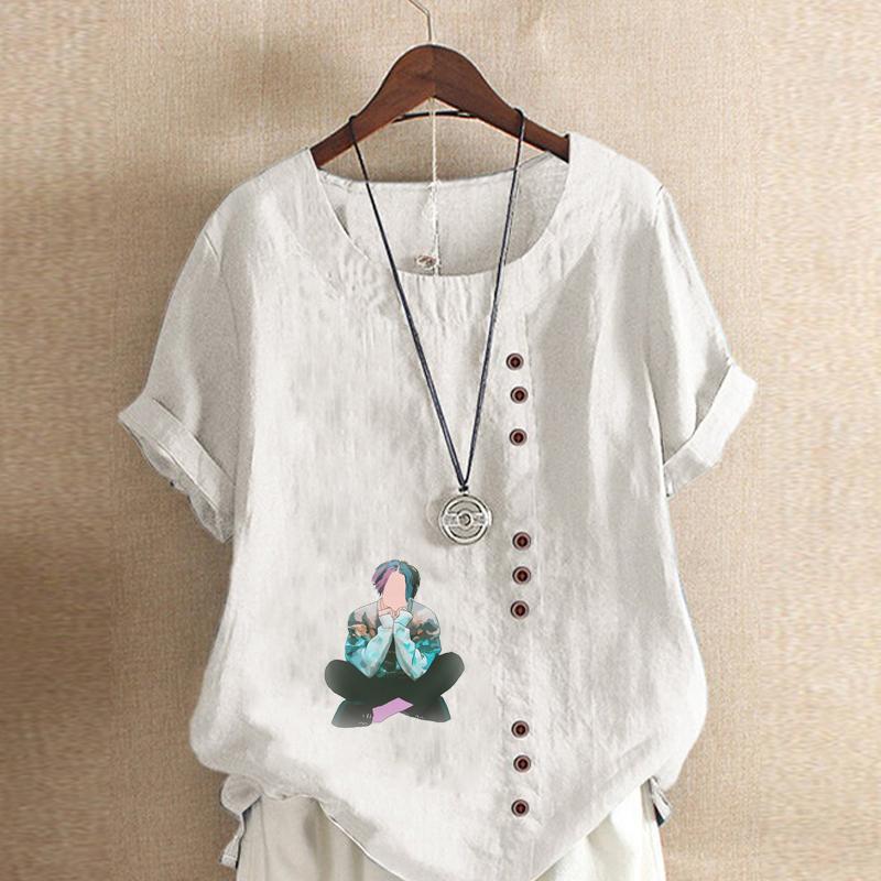 Women's New Fashion Linen Shirt Round Neck Short Sleeve Boy Printed T-shirt Summer Ladies Casual Plus Size Blouse Tops