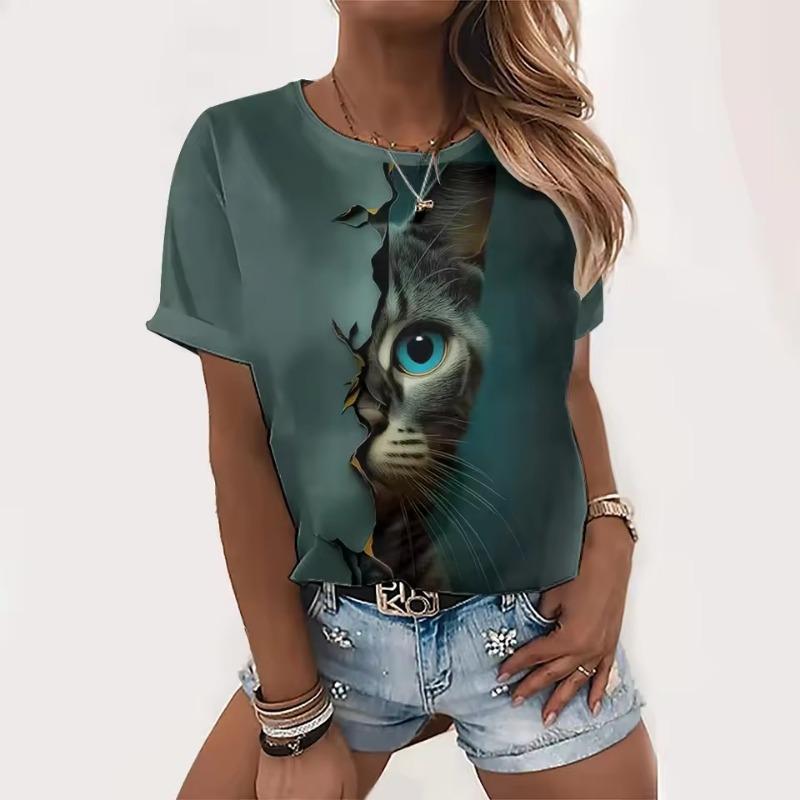 

Женская футболка с круглым вырезом, летняя повседневная модная футболка с коротким рукавом, с 3D-принтом кошки, с животным узором, большого размера, женская одежда XL