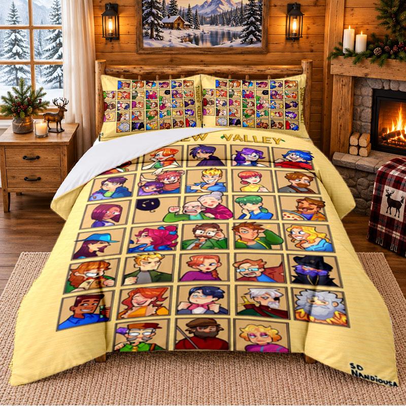 Stardew Valley Muster Bettwäsche 3-teiliges Set Bettlaken und Kissenbezüge für Schlafzimmer