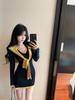 Women's Navy Collar Knit Dress: Spring Style, Sexy, Hip-Hugging, Two-Piece Look, Shawl Sweater Design