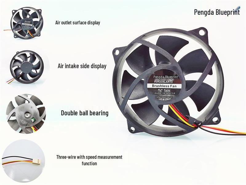 Pengda Lantu 9225 Double Ball Bearing 93x95x25mm CPU Fan, Speed Measurement, 24V/12V/5V 12V 2.54 Dual Ball Bearing 26CM Wire