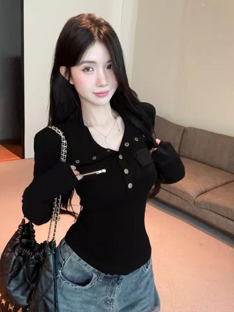 Women's Spicy Girl Style Stand-Collar Slimming Slim-Fit Long-Sleeve T-Shirt, Autumn/Winter, Stylish Waist-Cinching Base Layer