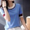 Summer Casual Fashion Patchwork Knitted Top Women Short Sleeve Loose All-match Tee Female Slim T-shirt