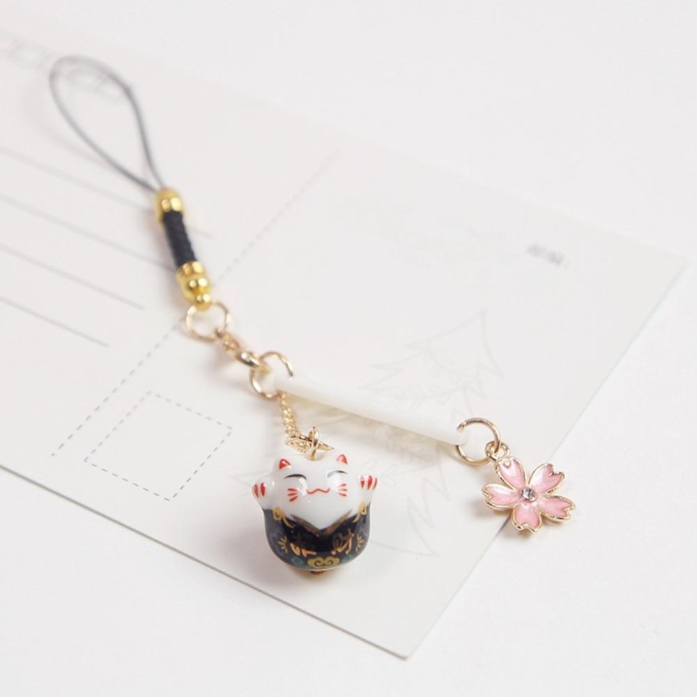 Ceramics Sakura Lucky Cat Phone Lanyard Braided Rope Lucky Cat Keychain Wrist Rope Cherry Blossoms Japanese Style