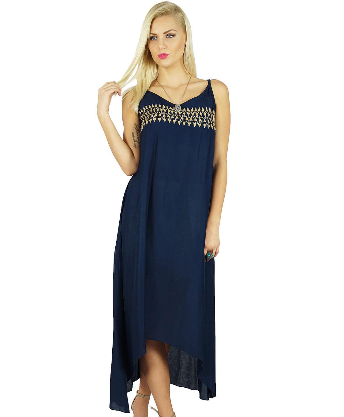 

Bimba Women Blue Cotton Mid Calf Dress Asymmetrical Dress Sapaghetti Strap 6 темно-синього кольору