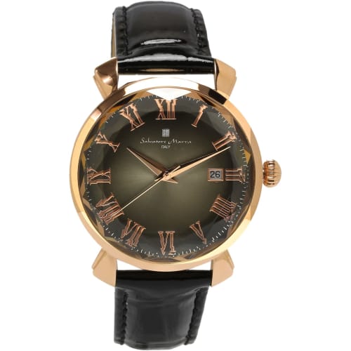 

Salvatore Marra Women s Watch with Faceted Crystal, Leather Strap, and Gradient Colors in Black and Pink Gold (SM22151-PGBK)
