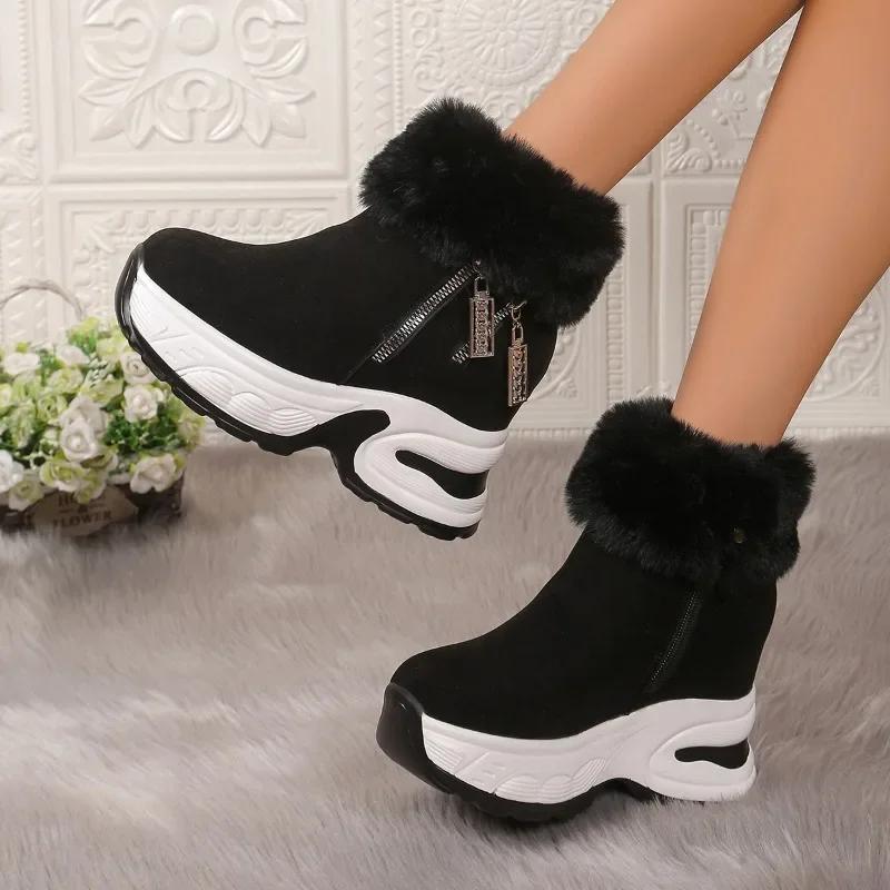 Fashion Shoes Female 2024 New Side Zip Women's Boots Winter Round Toe Plush Fleece for Warmth Short Barrel Platform Wedge Snow Boots