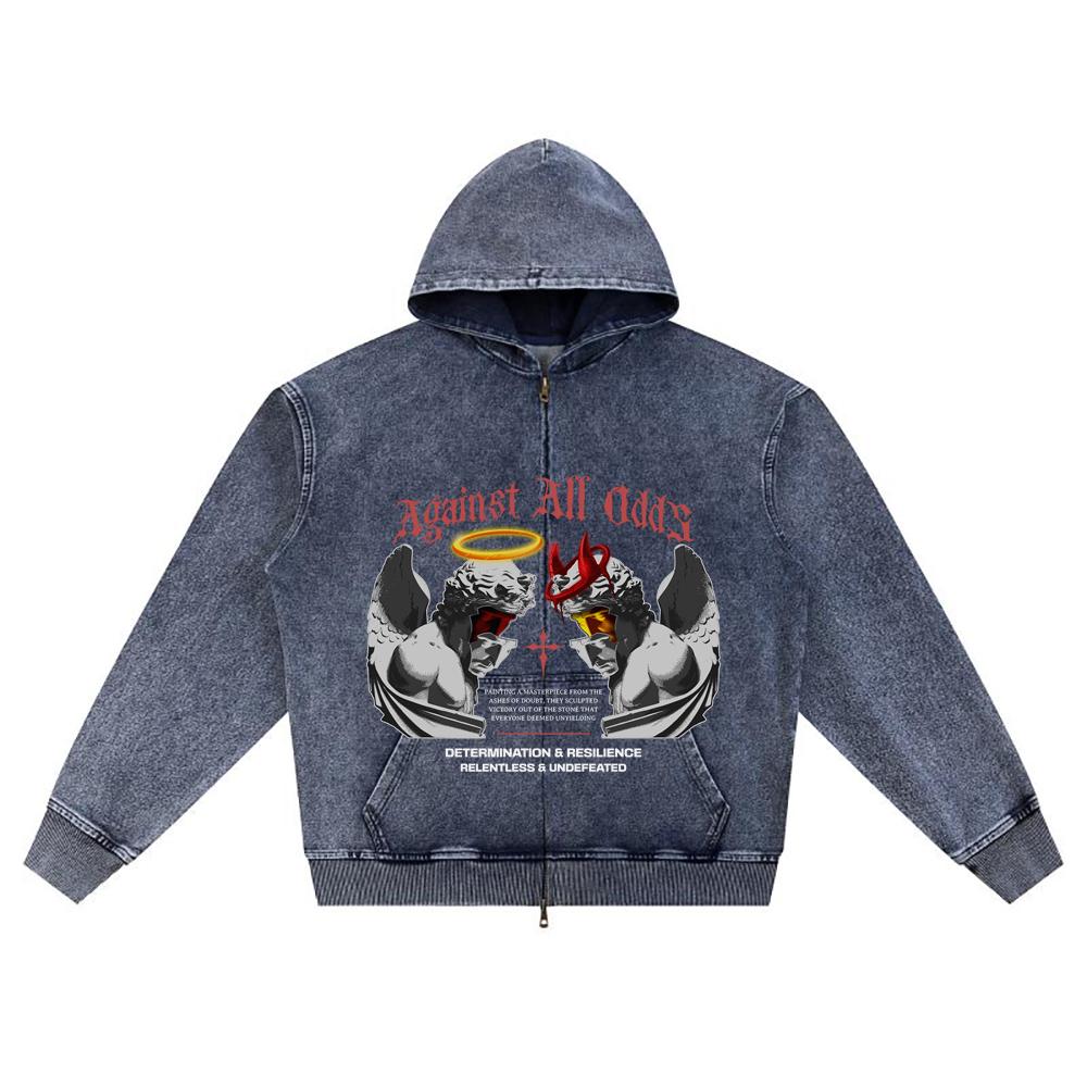 

DTG print Knitted Denim Zip-Up Hoodie Against All Odds Brother Print Zipper Hoodies XL