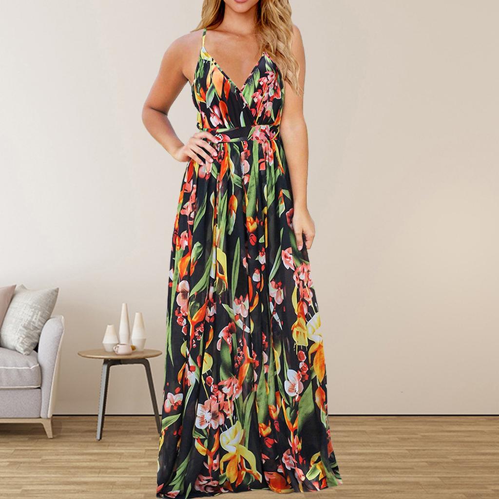 Boho Maxi Dresses for Women V Neck Sleeveless Casual Dresses for Women Floral Print Sundresses for Women Summer Dresses for Women
