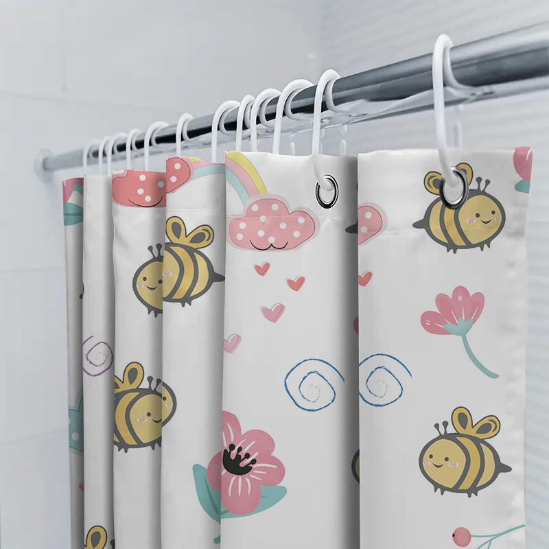 Cute Bee Pattern Shower Curtain Waterproof Bathroom Decor For Home Living Room Decoration Wall Hanging Accessories Pink Red Blue