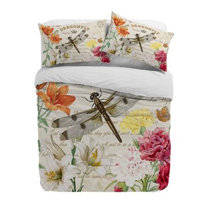 Funda de edredón con diseño de corona de libélula y flores con letras vintage, con funda de almohada, juego de ropa de cama personalizado de 3 piezas, funda de edredón para cama doble, textil para el hogar