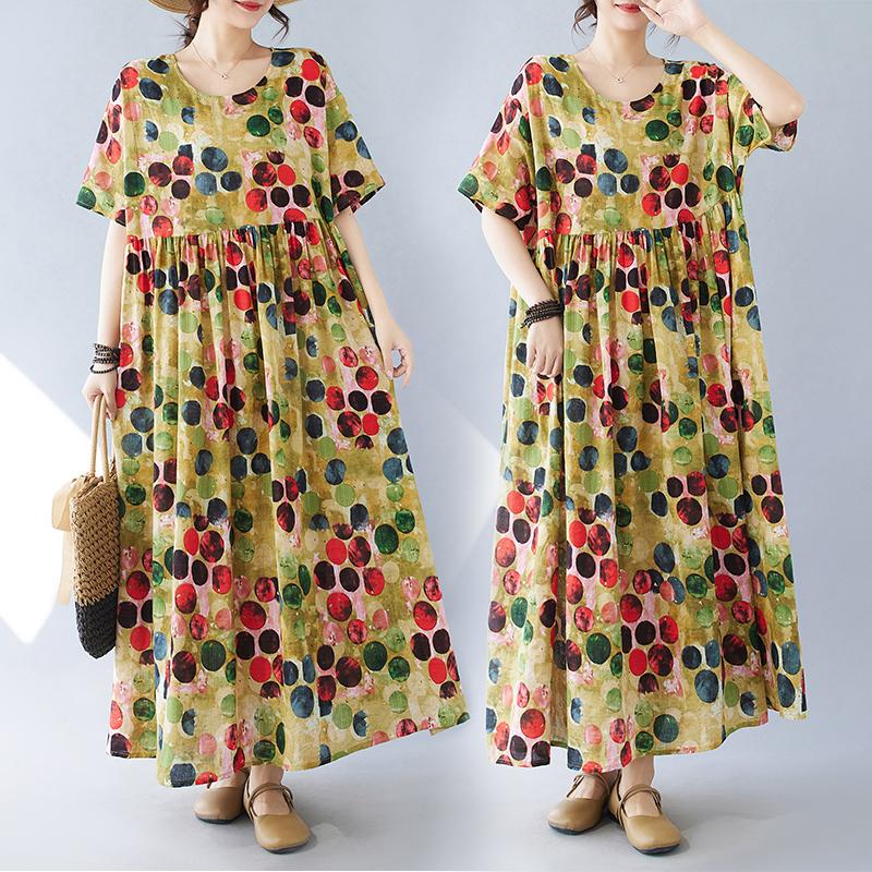 DIMANAF Damklänning i Plusstorlek 2024 Ny Sommarstil Klänning O-Hals Blommig Lös Klänning Grön Linne Basic Klänningar 1092