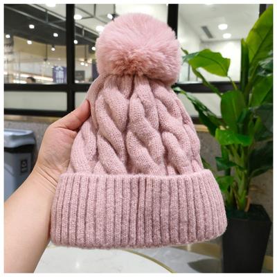 Thickened Solid Color Women'S Knitted Hat Winter Warm Hairball Twist Cold Hat Ear Protector Wool Hat