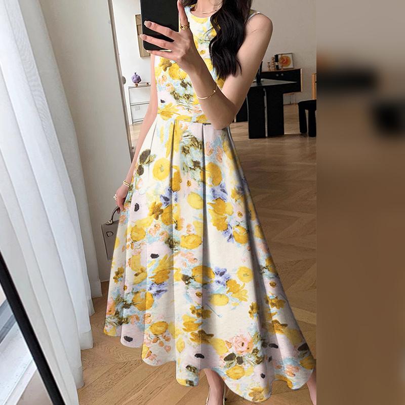 

ZANZEA Женское повседневное платье без рукавов с круглым вырезом и летним цветочным принтом 3XL жёлтый