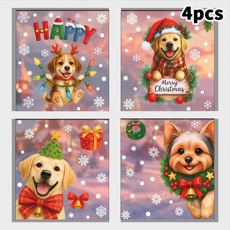 2/4/6/7/8/9Pcs Christmas Decorations Gift Box Static Stickers Shopping Mall Window Decoration Wreath Puppy Glass Stickers