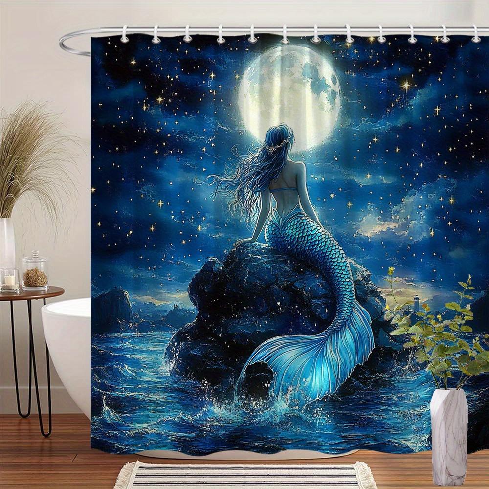 

Blue Mermaid Shower Curtain With Full Moon And Stars 3D Artistic Design Waterproof Bath Decor Magical Fantasy Bathroom Curtains W60H190(CM)-1 Pcs