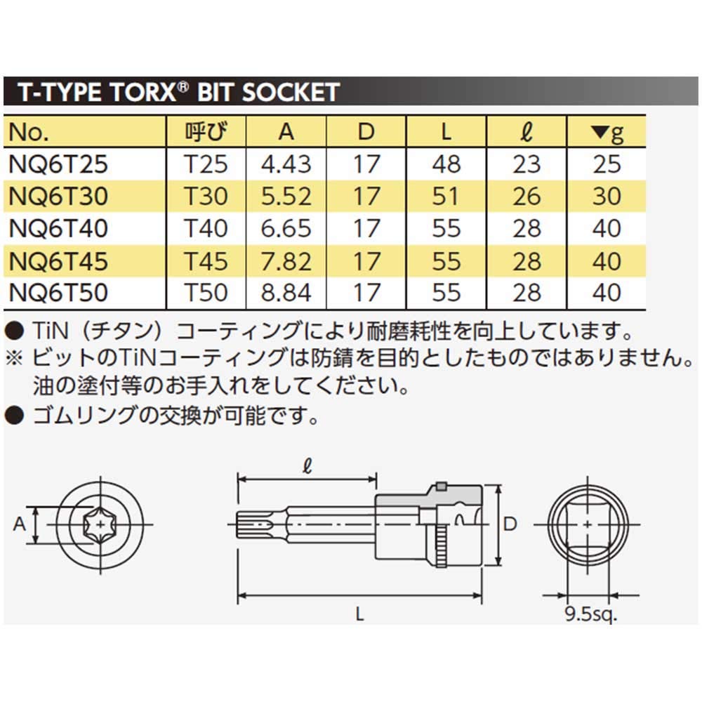 Kyoto Tool Nepros Torx Steckschlüssel NQ6T50 (KTC) 9,5 mm (3/8 Zoll)