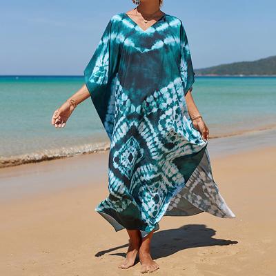 Women's Boho Cover Up, Plus Size Contrast Loose Fit Vacay Beach Kaftan Dress