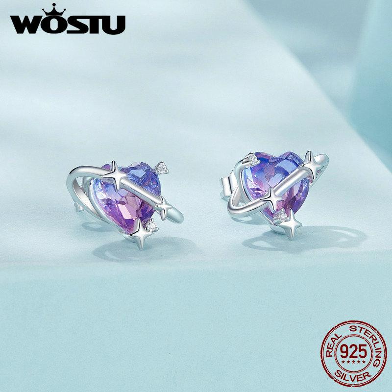 WOSTU 925 Sterling Silver Rainbow Planet Star Stud Earrings Colorful Purple Mystic Crystal Ear Studs Girl Daughter Birthday Gift