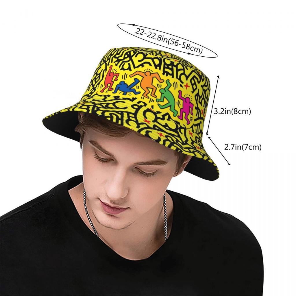 Fashion Graffiti Yellow June Bucket Hats Women Unisex Colorful Pop Art Haring Geometric Outdoor Sun Summer Fisherman Cap