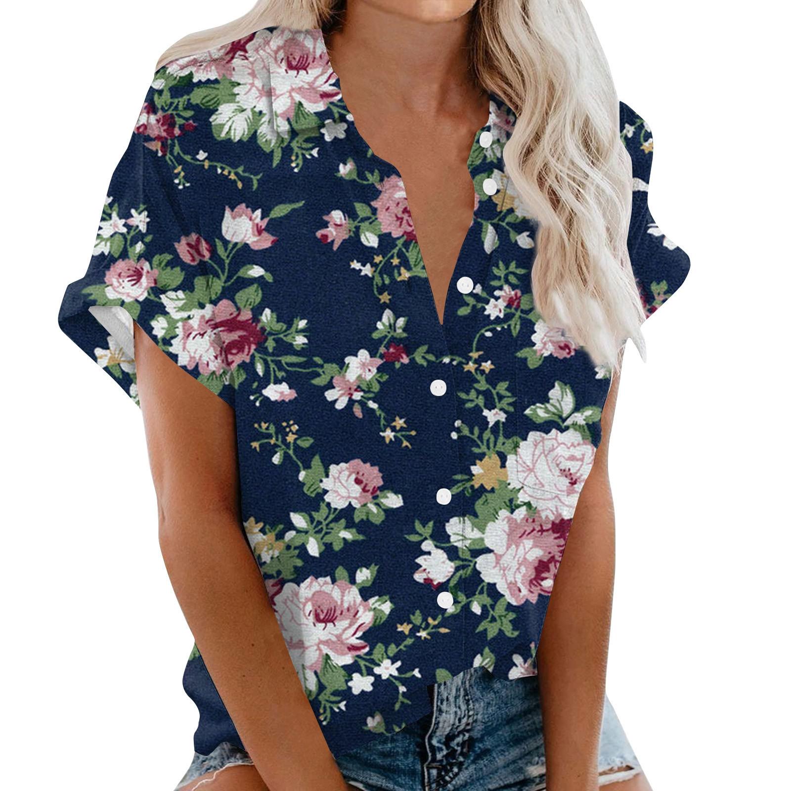 

Женские летние топы с короткими рукавами, рубашки на пуговицах с V-образным вырезом, рабочие рубашки, нарядные элегантные свободные рубашки, женские пуловеры, пляжные рубашки с короткими рукавами XXL тёмно-синий