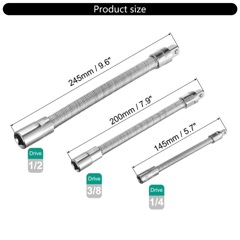 Set of 3 Wrench Sleeve Extension Rod Bendable Socket Tool Kit Bendable Drive Head Adapters for Automotive and Home Use
