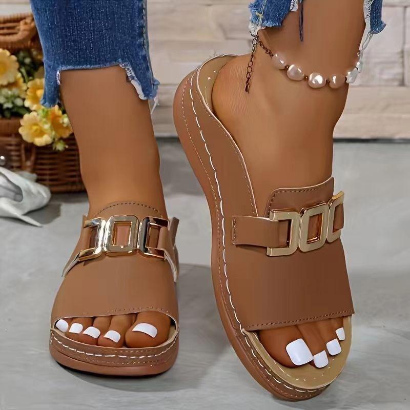 Sandali Donna Fibbia Metallica Punta Aperta Zeppa Suola Spessa Pantofole Taglie Forti Scarpe Casual Semplici
