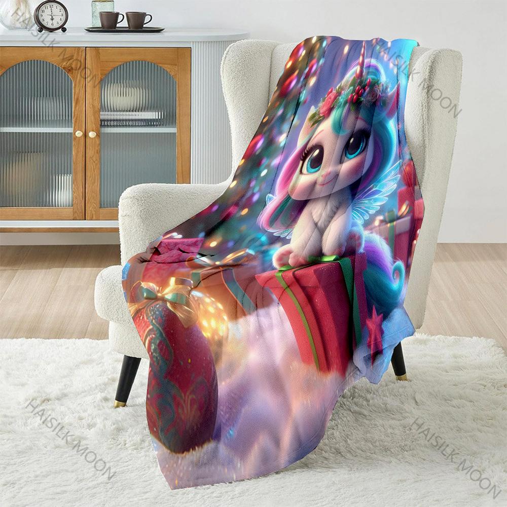 Colorful Festive Unicorn and Presents Pattern Blanket Flannel Material Soft Warm for All Seasons Home Outdoor Camping Picnics RV