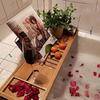 Bathtub Tray Extending Bamboo Bath Bridge Rack Tablet Free Soap Holder Includes Glass Holder Removable Shelf Book Rest Face Towel Slot Snack Space