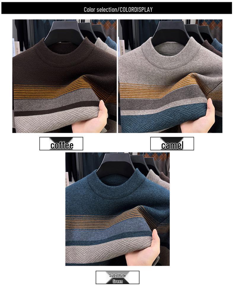 Men's Autumn/Winter 2025 Striped Knit Sweater - Middle-aged, Round Neck, Loose Fit, Elastic, Dad's Wardrobe Essential