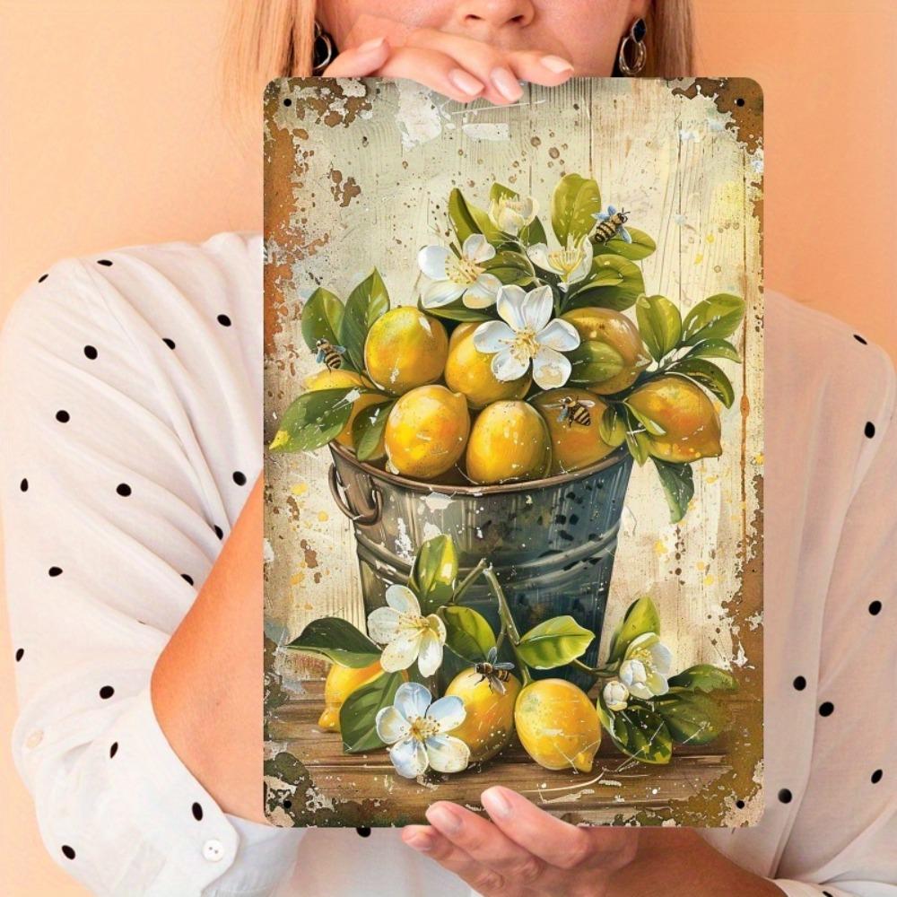 

HD Metal Tin Sign Vintage Lemon Bucket with Flowers and Bees Retro Metal Plaque Poster for Kitchen Farmhouse Wall Decor 20x30cm（7.8x11.8inch）