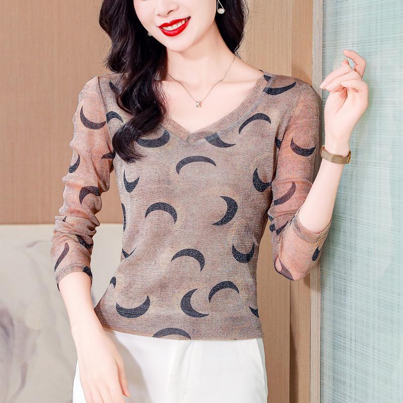 Modieus Herfst Bedrukt Zilveren Mesh Lange Mouw V-Hals Slim Fit Shirt