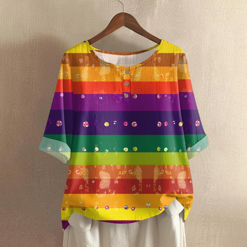 Women's Carnival Printed Casual Mid Sleeve Round Neck Cotton And Hemp Top